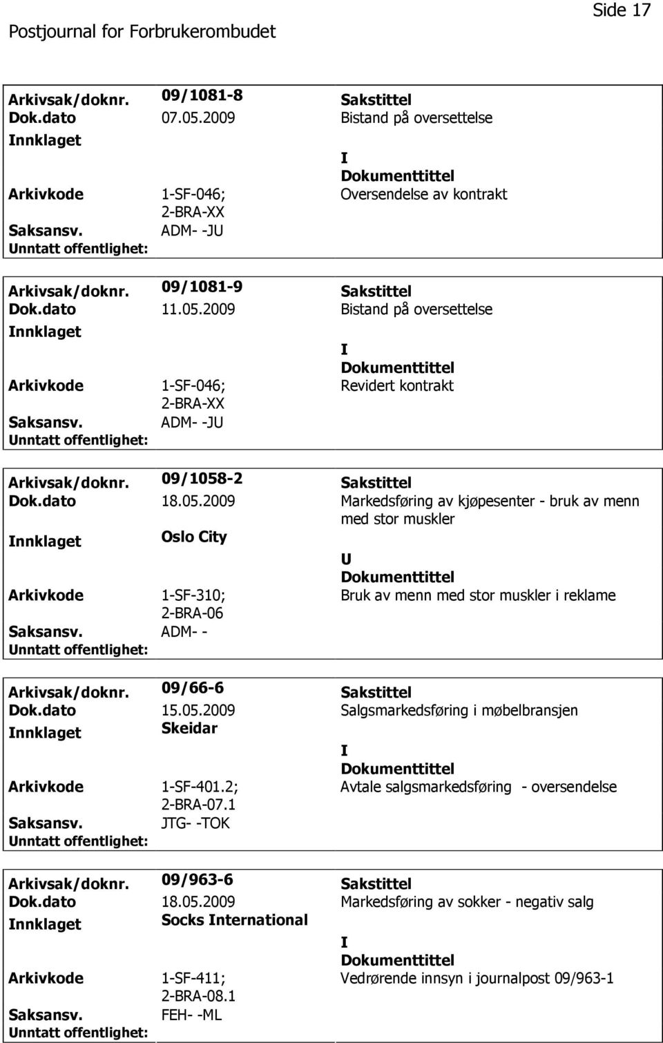 09/66-6 Sakstittel Dok.dato 15.05.2009 Salgsmarkedsføring i møbelbransjen nnklaget Skeidar 1-SF-401.2; 2-BRA-07.1 Avtale salgsmarkedsføring - oversendelse JTG- -TOK Arkivsak/doknr.