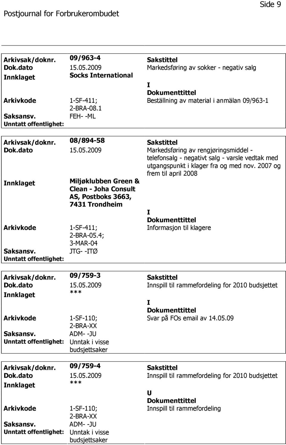 2009 Markedsføring av rengjøringsmiddel - telefonsalg - negativt salg - varsle vedtak med utgangspunkt i klager fra og med nov.