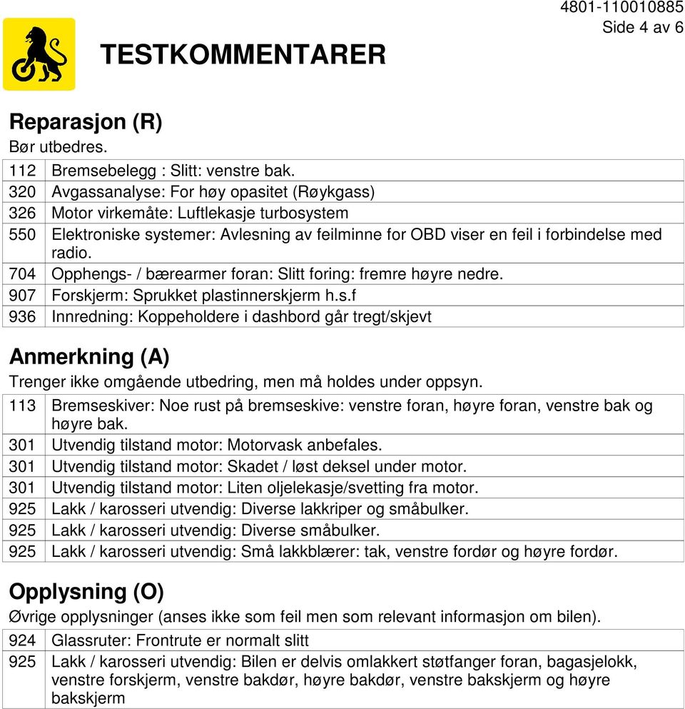 Opphengs- / bærearmer foran: Slitt foring: fremre høyre nedre. Forskjerm: Sprukket plastinnerskjerm h.s.f Innredning: Koppeholdere i dashbord går tregt/skjevt Anmerkning (A) Trenger ikke omgående utbedring, men må holdes under oppsyn.