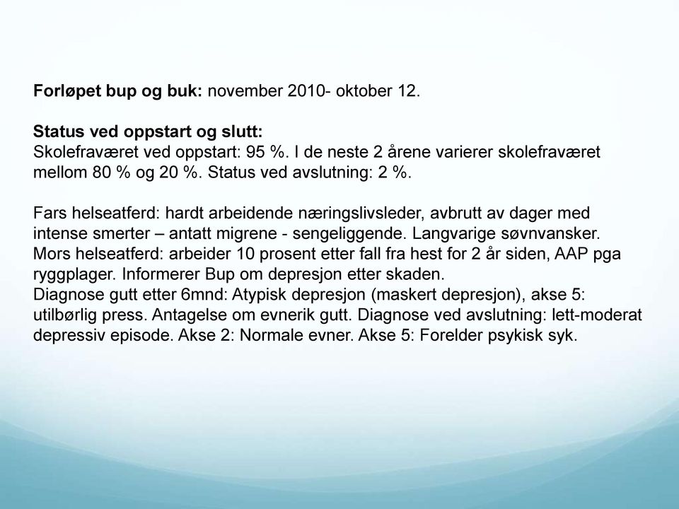 Mors helseatferd: arbeider 10 prosent etter fall fra hest for 2 år siden, AAP pga ryggplager. Informerer Bup om depresjon etter skaden.