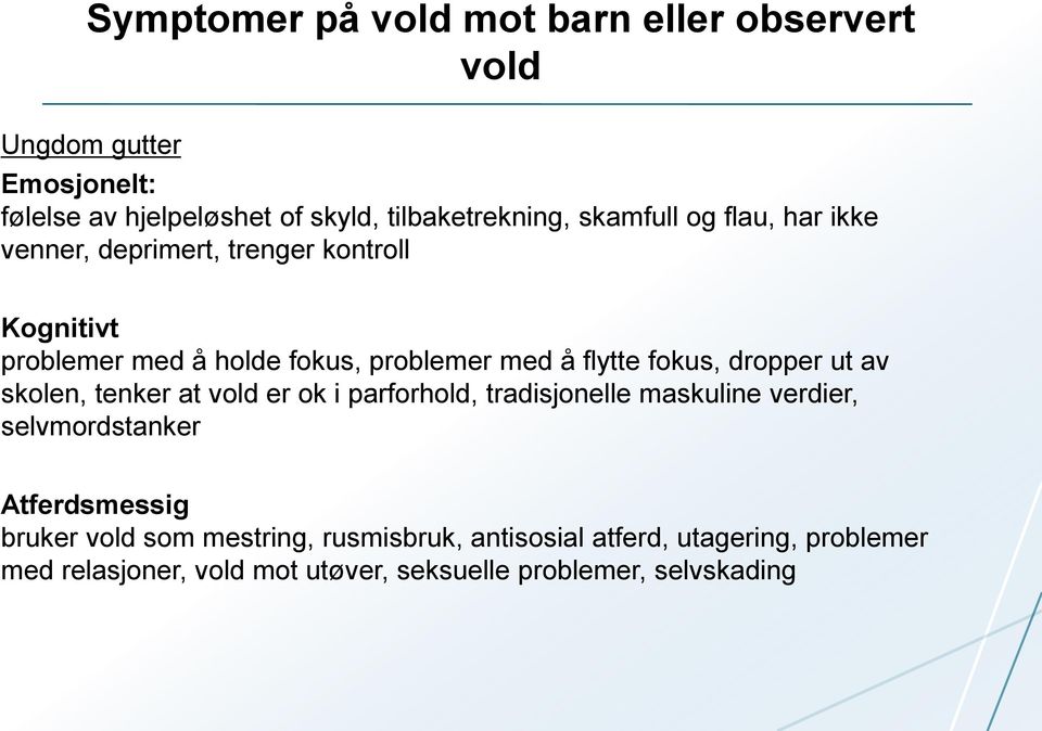 fokus, dropper ut av skolen, tenker at vold er ok i parforhold, tradisjonelle maskuline verdier, selvmordstanker Atferdsmessig