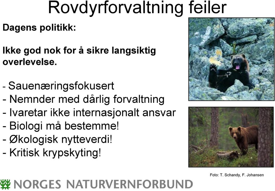 - Sauenæringsfokusert - Nemnder med dårlig forvaltning - Ivaretar ikke