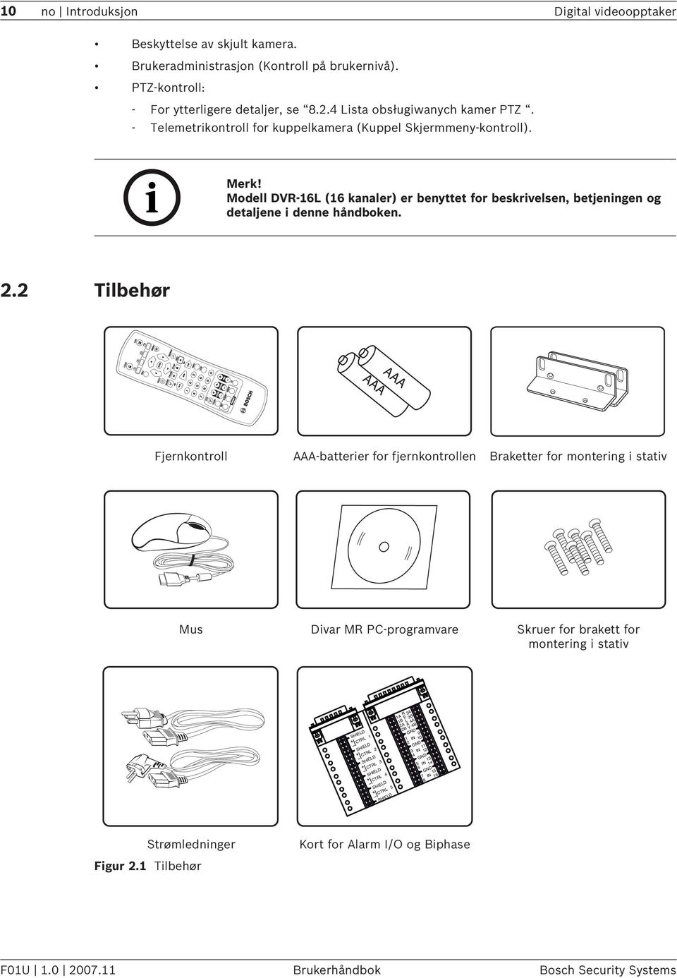 2 Tilbehør Fjernkontroll AAA-batterier for fjernkontrollen Braketter for montering i stativ Mus Divar MR PC-programvare Skruer for brakett for montering i stativ SHIELD CTRL 1 SHIELD CTRL 2 SHIELD