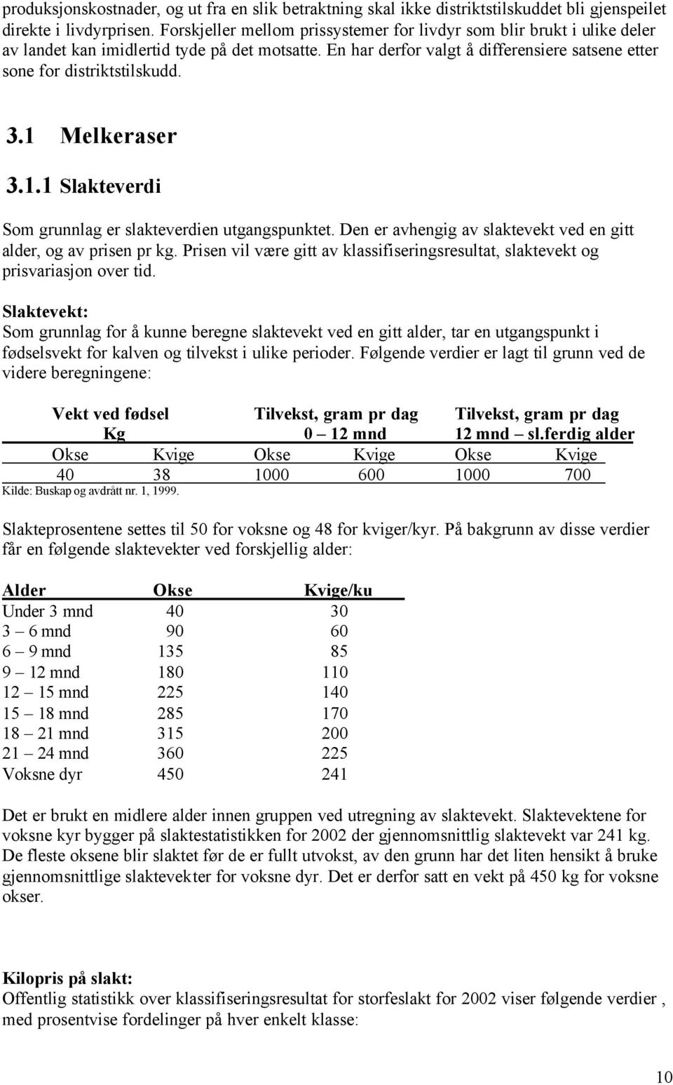 1 Melkeraser 3.1.1 Slakteverdi Som grunnlag er slakteverdien utgangspunktet. Den er avhengig av slaktevekt ved en gitt alder, og av prisen pr kg.