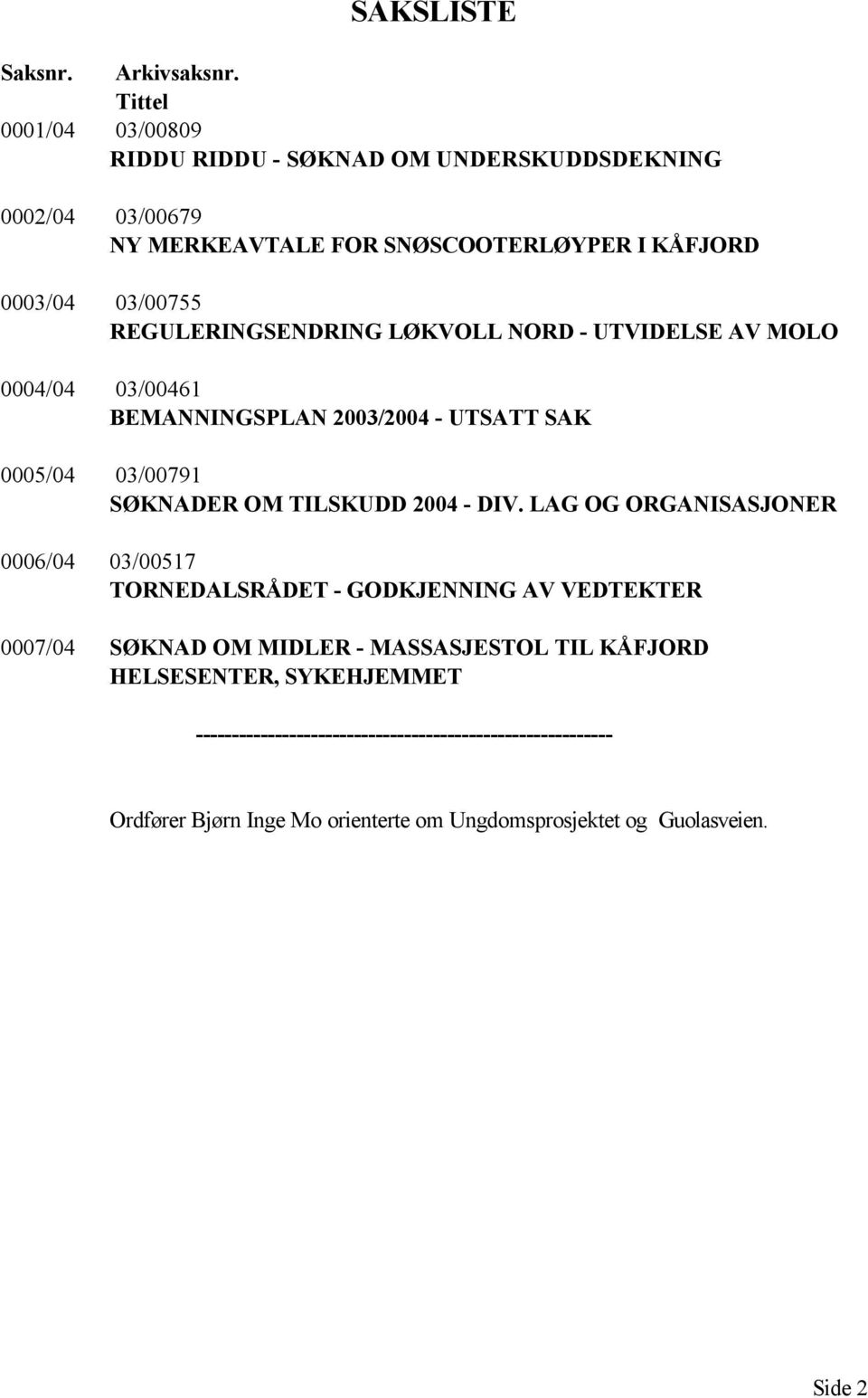 REGULERINGSENDRING LØKVOLL NORD - UTVIDELSE AV MOLO 0004/04 03/00461 BEMANNINGSPLAN 2003/2004 - UTSATT SAK 0005/04 03/00791 SØKNADER OM TILSKUDD 2004 - DIV.