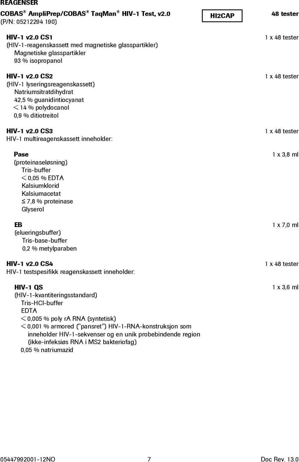 0 CS3 HIV-1 multireagenskassett inneholder: Pase (proteinaseløsning) Tris-buffer < 0,05 % EDTA Kalsiumklorid Kalsiumacetat 7,8 % proteinase Glyserol EB (elueringsbuffer) Tris-base-buffer 0,2 %