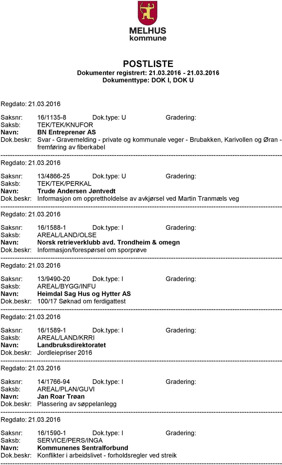 type: U Gradering: Saksb: TEK/TEK/PERKAL Navn: Trude Andersen Jøntvedt Dok.beskr: Informasjon om opprettholdelse av avkjørsel ved Martin Tranmæls veg Saksnr: 16/1588-1 Dok.