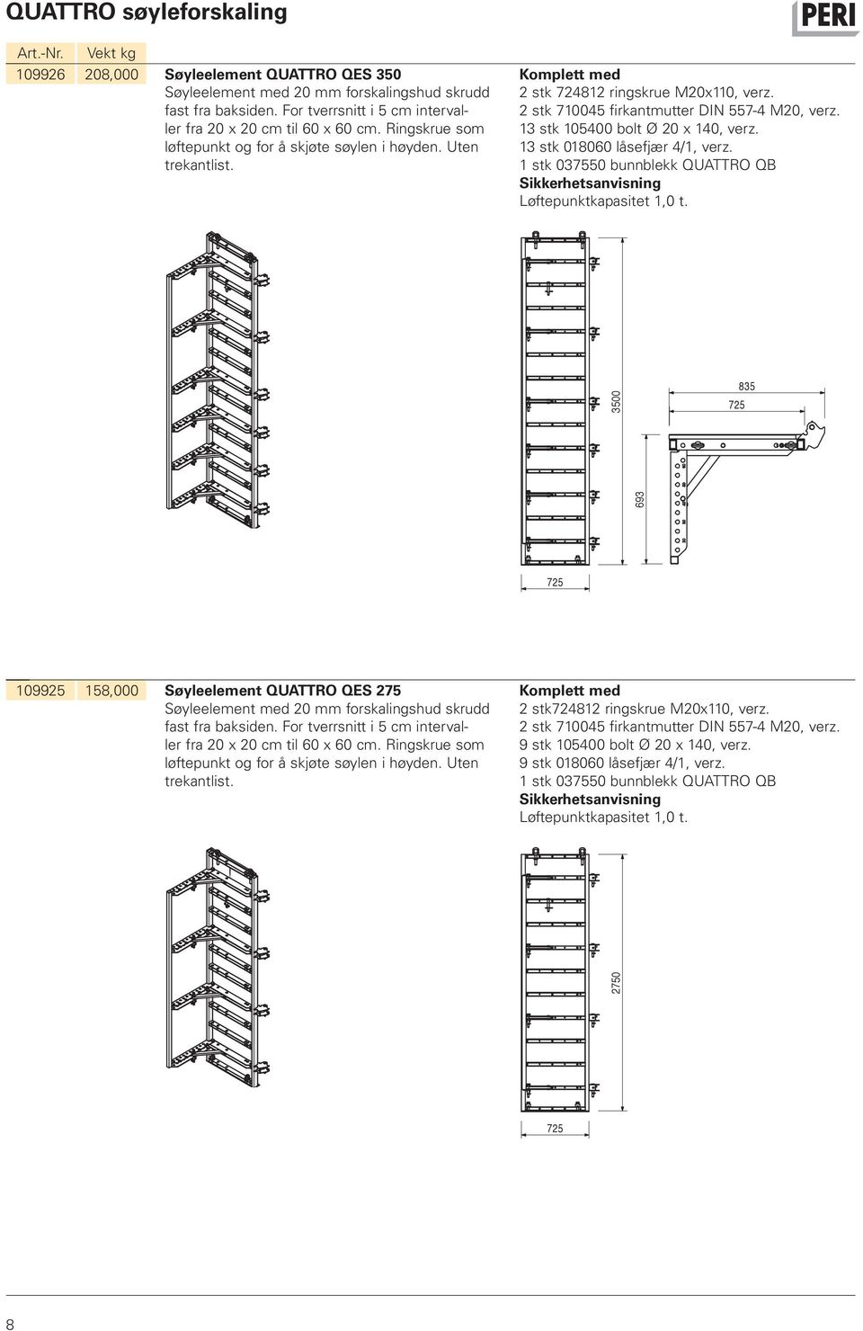 2 stk 710045 firkantmutter DIN 557-4 M20, verz. 13 stk 105400 bolt Ø 20 x 140, verz. 13 stk 018060 låsefjær 4/1, verz. 1 stk 037550 bunnblekk QUATTRO QB Sikkerhetsanvisning Løftepunktkapasitet 1,0 t.