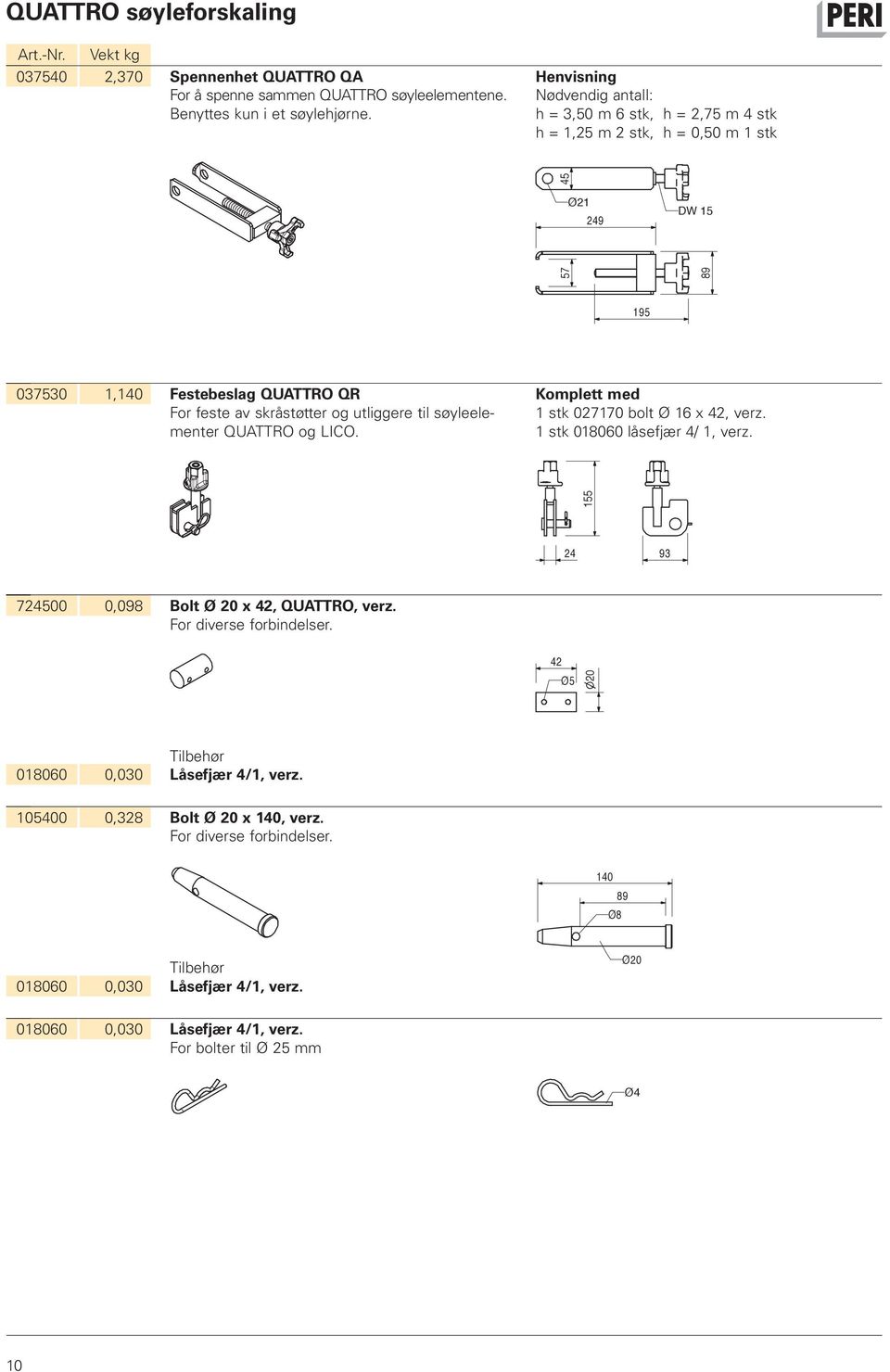 utliggere til søyleelementer QUATTRO og LICO. 1 stk 027170 bolt Ø 16 x 42, verz. 1 stk 018060 låsefjær 4/ 1, verz. 155 24 93 724500 0,098 Bolt Ø 20 x 42, QUATTRO, verz.