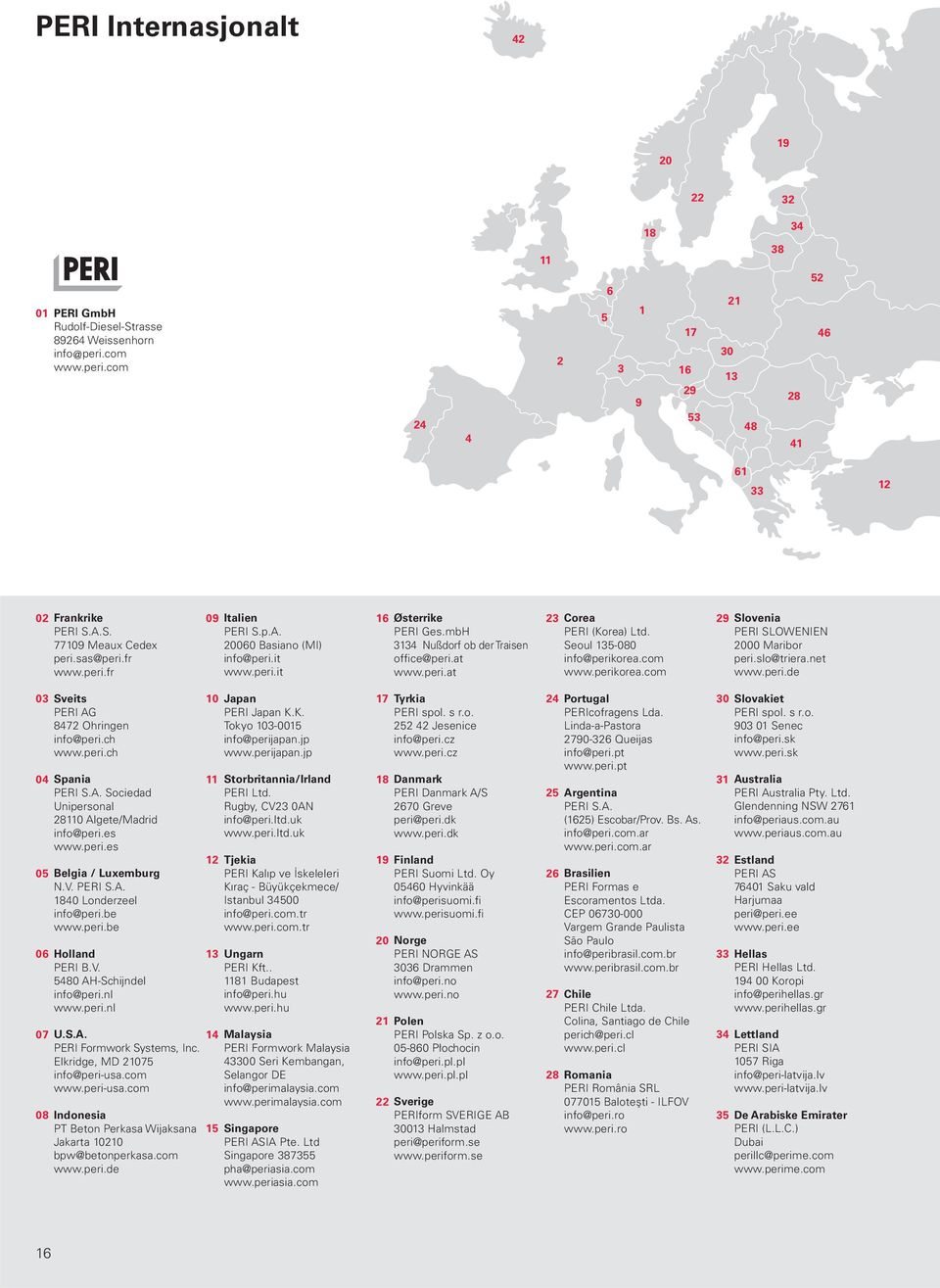 Seoul 135-080 info@perikorea.com www.perikorea.com 29 Slovenia PERI SLOWENIEN 2000 Maribor peri.slo@triera.net www.peri.de 03 Sveits PERI AG 8472 Ohringen info@peri.ch www.peri.ch 04 Spania PERI S.A. Sociedad Unipersonal 28110 Algete/Madrid info@peri.