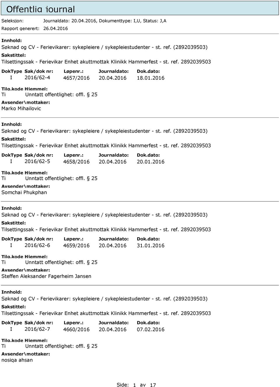 2892039503 2016/62-5 4658/2016 Somchai Phukphan 20.01.2016 nnhold: lsettingssak - Ferievikar Enhet akuttmottak Klinikk Hammerfest - st. ref.