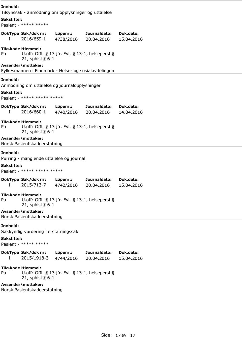 2016 Pa U.off: Offl. 13 jfr. Fvl. 13-1, helsepersl 21, sphlsl 6-1 Norsk Pasientskadeerstatning nnhold: Purring - manglende uttalelse og journal Pasient - ***** ***** ***** 2015/713-7 4742/2016 15.04.