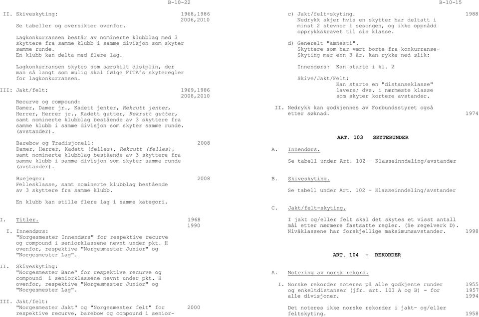 III: Jakt/felt: 1969,1986 2008,2010 Recurve og compound: Damer, Damer jr., Kadett jenter, Rekrutt jenter, Herrer, Herrer jr.
