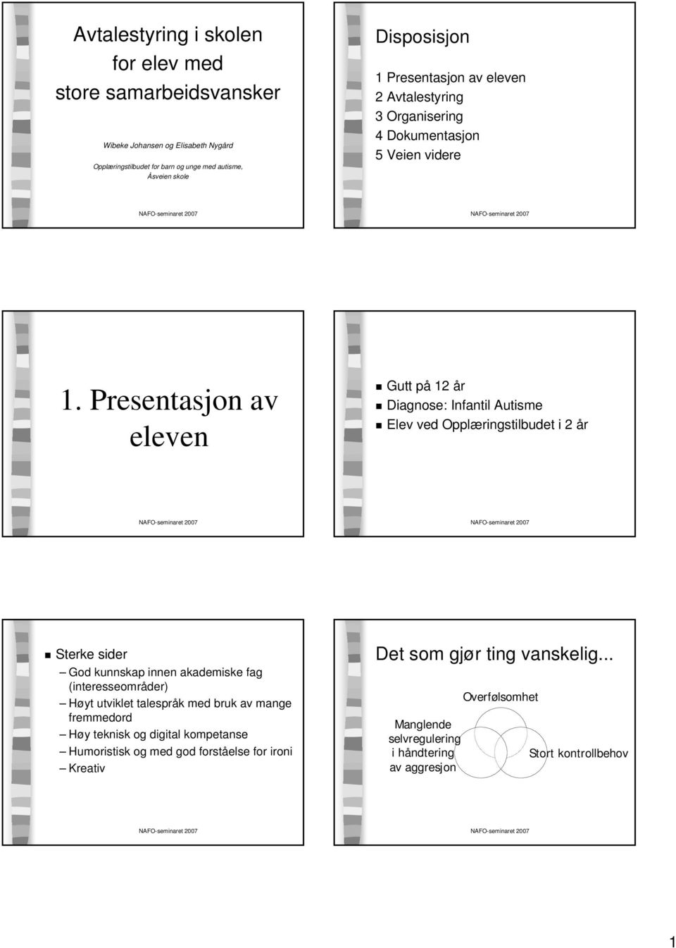 Presentasjon av eleven Gutt på 12 år Diagnose: Infantil Autisme Elev ved Opplæringstilbudet i 2 år Sterke sider God kunnskap innen akademiske fag (interesseområder) Høyt