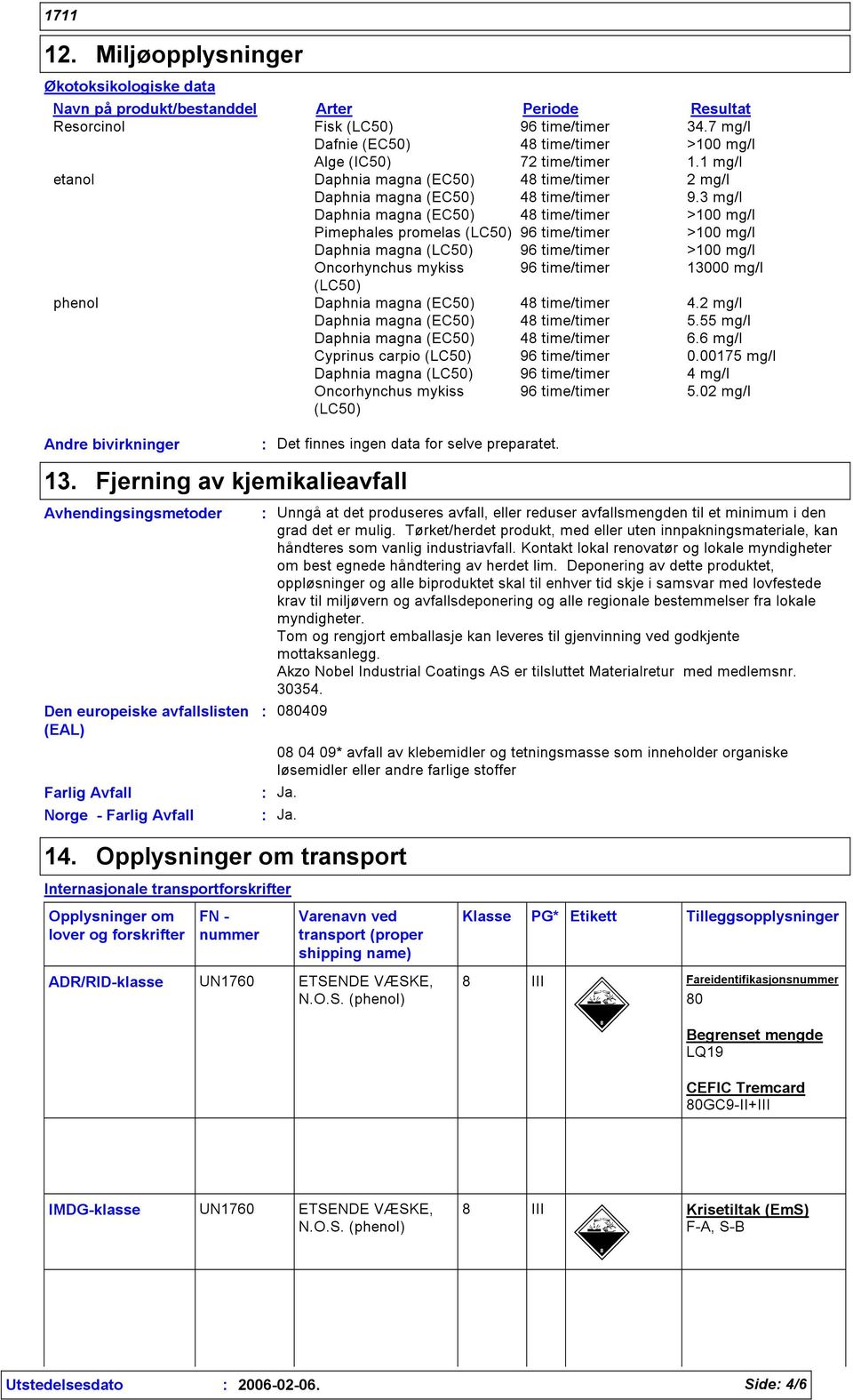 55 mg/l 6.6 mg/l 0.00175 mg/l 4 mg/l 5.02 mg/l Andre bivirkninger 13. Fjerning av kjemikalieavfall Avhendingsingsmetoder Den europeiske avfallslisten (EAL) Det finnes ingen data for selve preparatet.