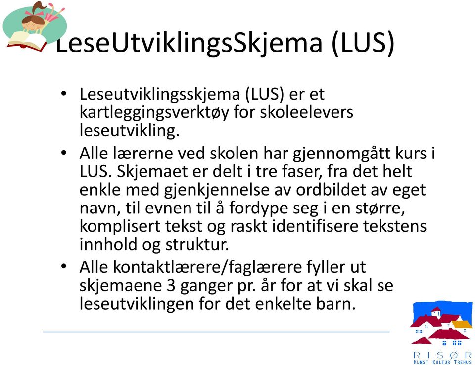 Skjemaet er delt i tre faser, fra det helt enkle med gjenkjennelse av ordbildet av eget navn, til evnen til å fordype seg