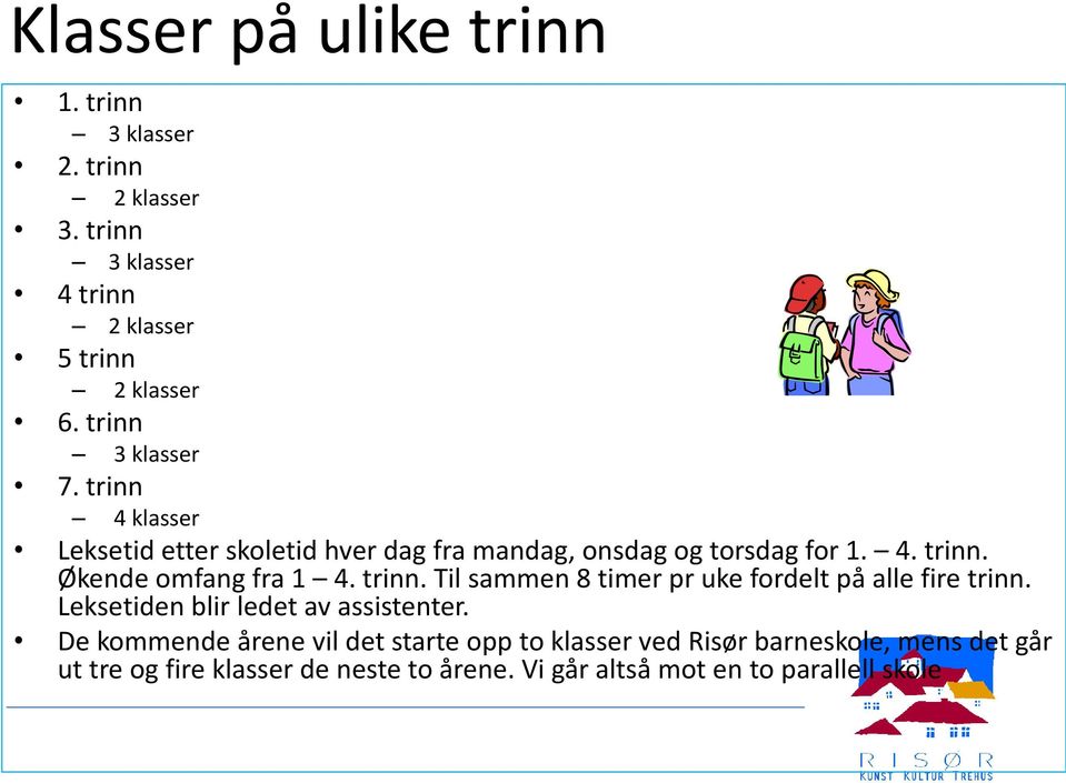 trinn. Til sammen 8 timer pr uke fordelt på alle fire trinn. Leksetiden blir ledet av assistenter.