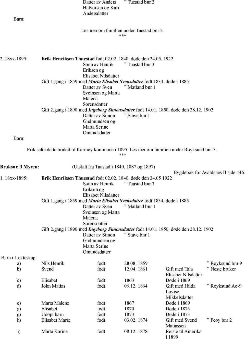 gang i 1859 med Marta Elisabet Svensdatter født 1834, døde i 1885 Datter av Sven Matland bnr 1 Sveinsen og Marta Malena Sørensdatter Gift 2.gang i 1890 med Ingeborg Simonsdatter født 14.01.