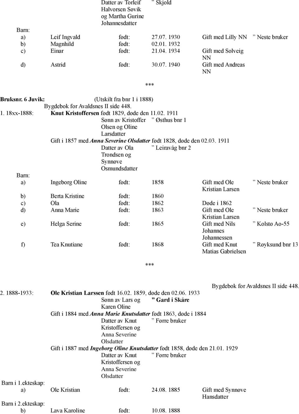 02. 1911 Sønn av Kristoffer Østhus bnr 1 Olsen og Oline Larsdatter Gift i 1857 med Anna Severine Olsdatter født 1828, døde den 02.03.