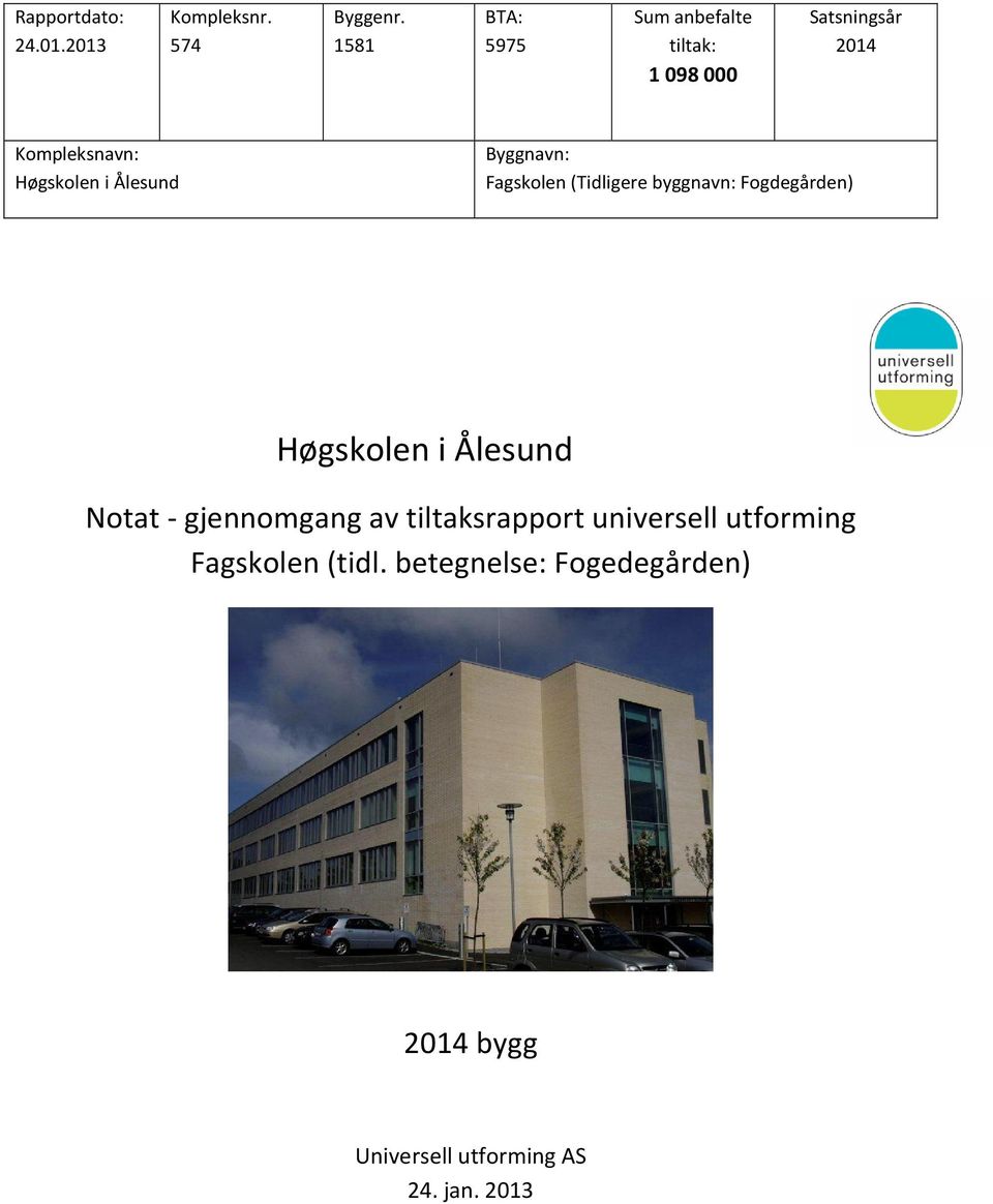 Ålesund Byggnavn: Fagskolen (Tidligere byggnavn: Fogdegården) Høgskolen i Ålesund Notat -