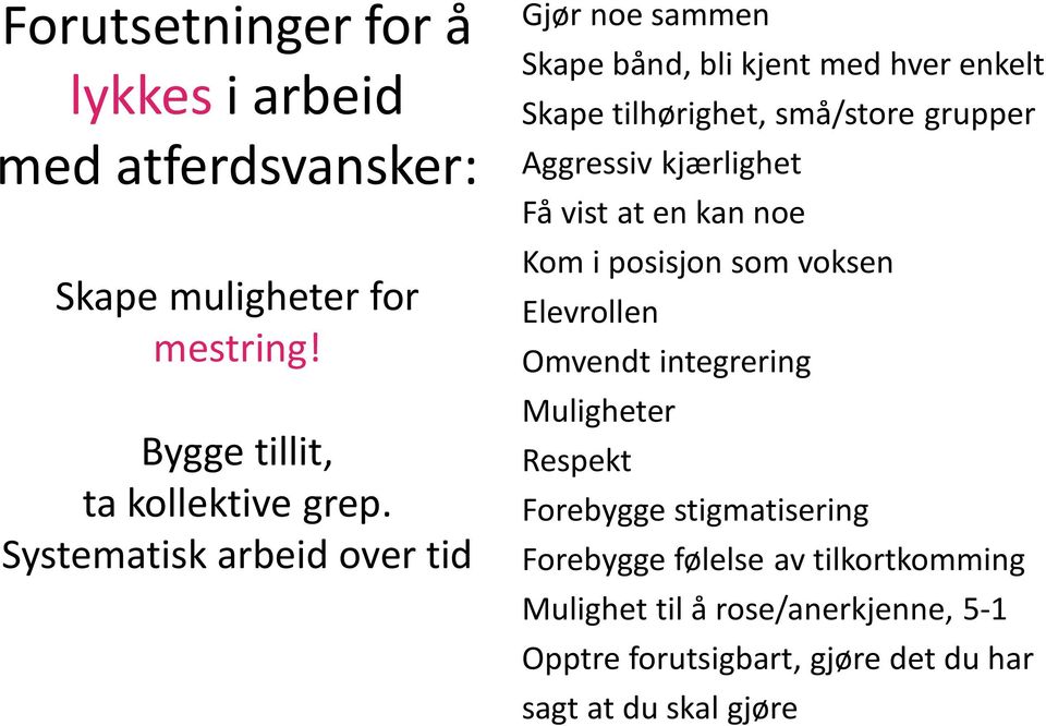 kjærlighet Få vist at en kan noe Kom i posisjon som voksen Elevrollen Omvendt integrering Muligheter Respekt Forebygge