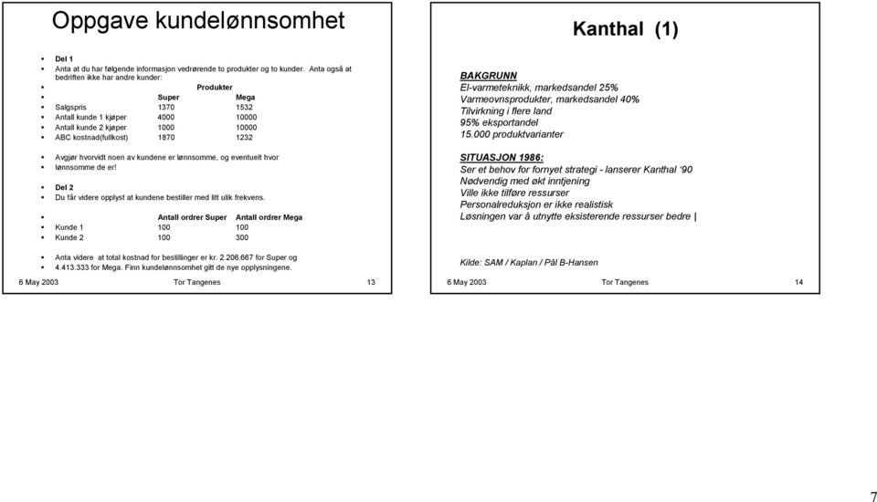 hvorvidt noen av kundene er lønnsomme, og eventuelt hvor lønnsomme de er! Del 2 Du får videre opplyst at kundene bestiller med litt ulik frekvens.