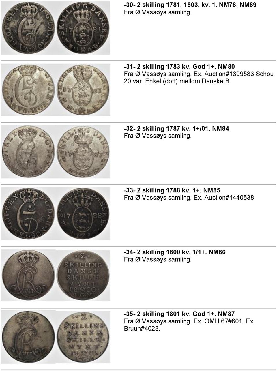 NM84 Fra Ψ.Vassψys samling. -33-2 skilling 1788 kv. 1+. NM85 Fra Ψ.Vassψys samling. Ex.