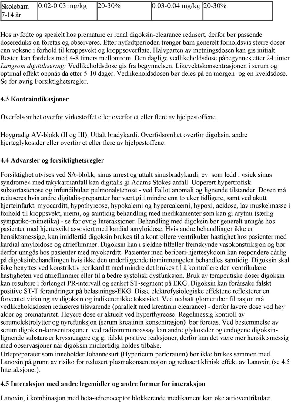 Resten kan fordeles med 4-8 timers mellomrom. Den daglige vedlikeholdsdose påbegynnes etter 24 timer. Langsom digitalisering: Vedlikeholdsdose gis fra begynnelsen.