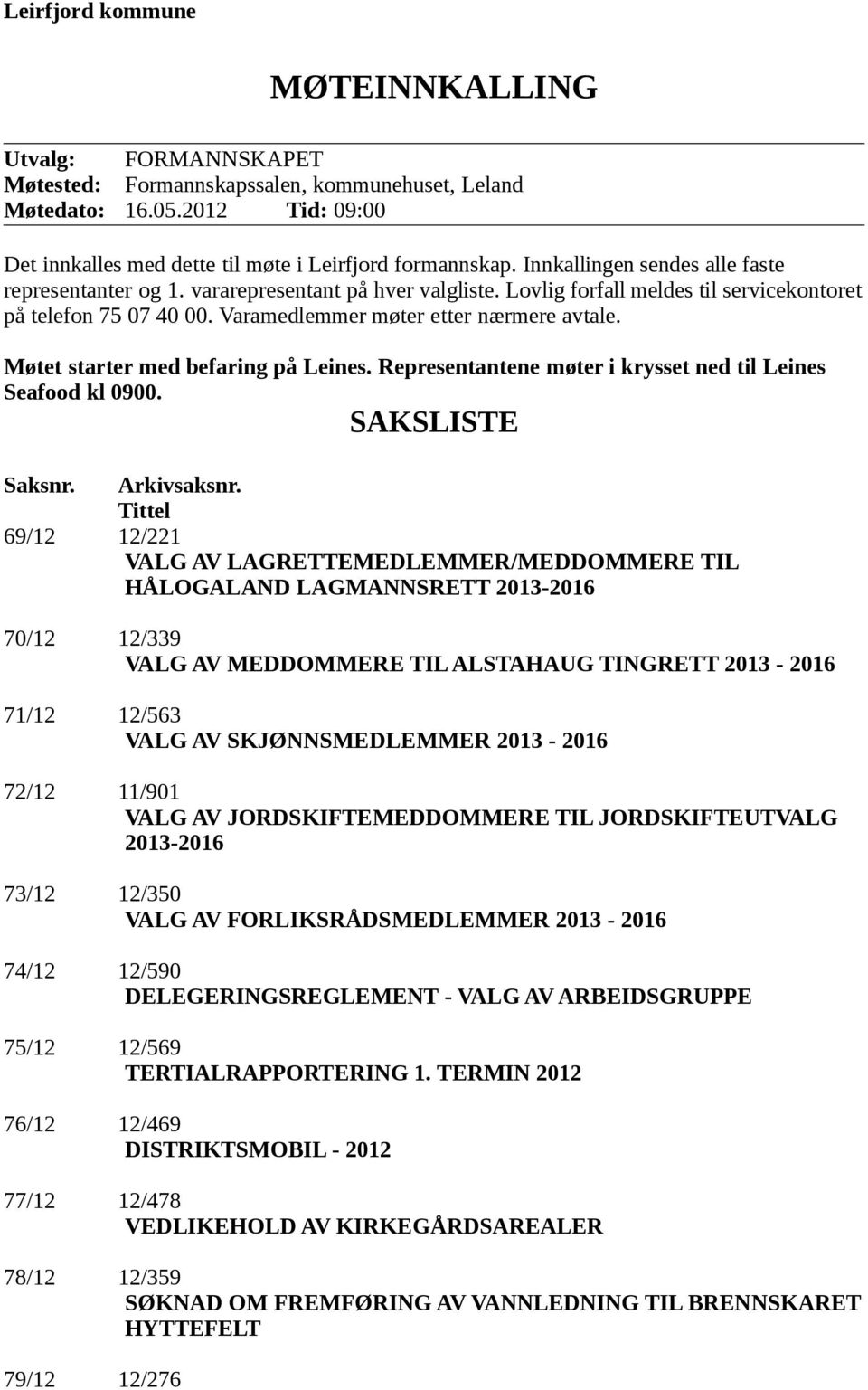 Møtet starter med befaring på Leines. Representantene møter i krysset ned til Leines Seafood kl 0900. SAKSLISTE Saksnr. Arkivsaksnr.