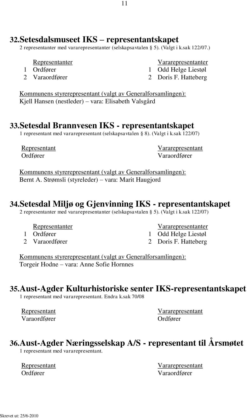 Setesdal Brannvesen IKS - representantskapet representant med vararepresentant (selskapsavtalen 8). (Valgt i k.sak /07) Kommunens styrerepresentant (valgt av Generalforsamlingen): Bernt A.