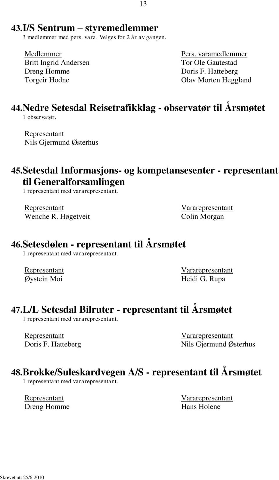 Setesdal Informasjons- og kompetansesenter - representant til Generalforsamlingen representant med vararepresentant. Wenche R. Høgetveit Colin Morgan 6.