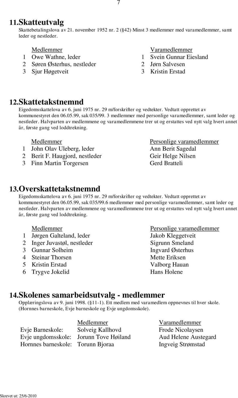 9 m/forskrifter og vedtekter. Vedtatt opprettet av kommunestyret den 06.0.99, sak 0/99. medlemmer med personlige varamedlemmer, samt leder og nestleder.