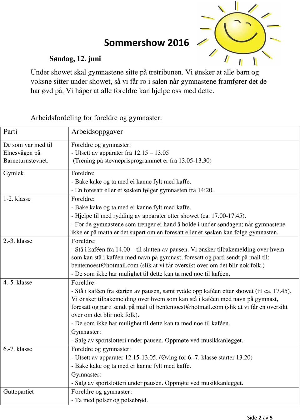 Arbeidsfordeling for foreldre og gymnaster: Parti De som var med til Elnesvågen på Barneturnstevnet. Arbeidsoppgaver - Utsett av apparater fra 12.15 13.05 (Trening på stevneprisprogrammet er fra 13.