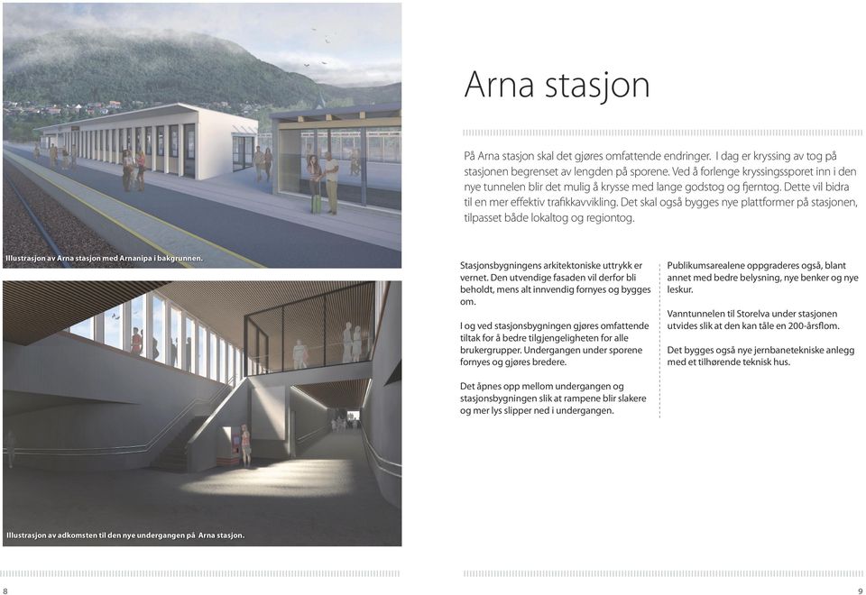 Det skal også bygges nye plattformer på stasjonen, tilpasset både lokaltog og regiontog. Illustrasjon av Arna stasjon med Arnanipa i bakgrunnen. Stasjonsbygningens arkitektoniske uttrykk er vernet.