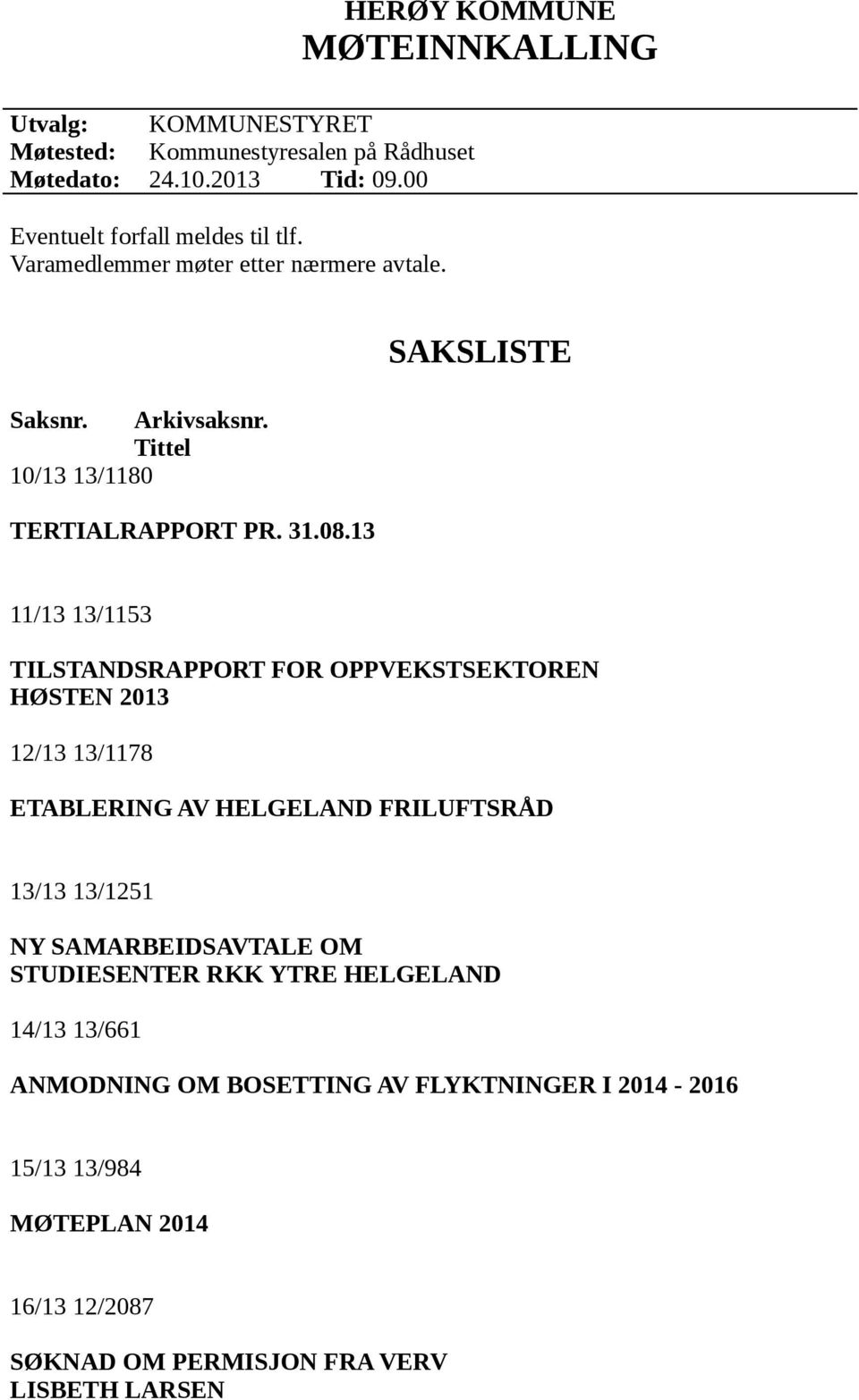 13 SAKSLISTE 11/13 13/1153 TILSTANDSRAPPORT FOR OPPVEKSTSEKTOREN HØSTEN 2013 12/13 13/1178 ETABLERING AV HELGELAND FRILUFTSRÅD 13/13 13/1251 NY