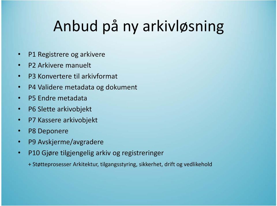 Kassere arkivobjekt P8 Deponere P9 Avskjerme/avgradere P10 Gjøre tilgjengelig arkiv og