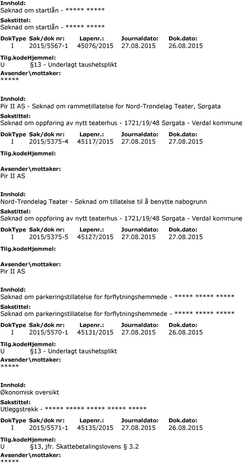 08.2015 27.08.2015 Pir II AS Nord-Trøndelag Teater - Søknad om tillatelse til å benytte nabogrunn Søknad om oppføring av nytt teaterhus - 1721/19/48 Sørgata - Verdal kommune I 2015/5375-5 45127/2015 27.