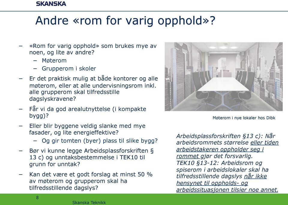 Får vi da god arealutnyttelse (i kompakte bygg)? Eller blir byggene veldig slanke med mye fasader, og lite energieffektive? Og gir tomten (byer) plass til slike bygg?