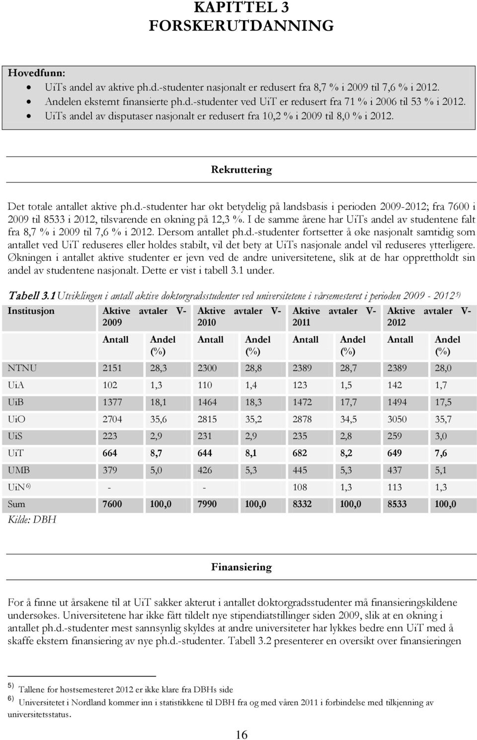 I de samme årene har UiTs andel av studentene falt fra 8,7 % i 2009 til 7,6 % i 2012. Dersom antallet ph.d.-studenter fortsetter å øke nasjonalt samtidig som antallet ved UiT reduseres eller holdes stabilt, vil det bety at UiTs nasjonale andel vil reduseres ytterligere.