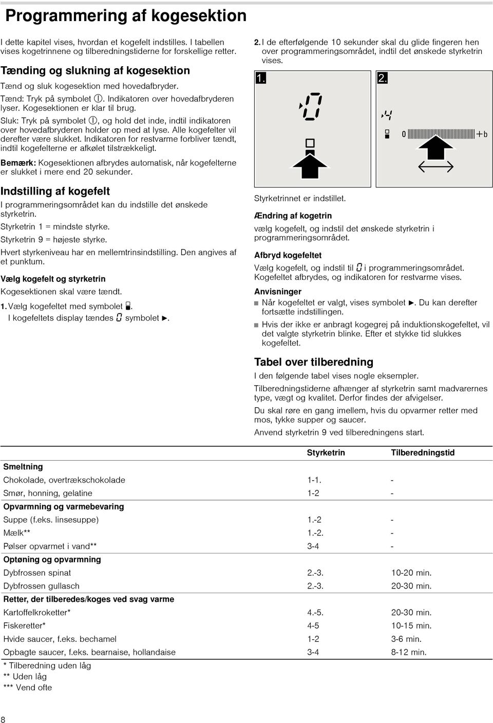 Sluk: Tryk på symbolet #, og hold det inde, indtil indikatoren over hovedafbryderen holder op med at lyse. Alle kogefelter vil derefter være slukket.