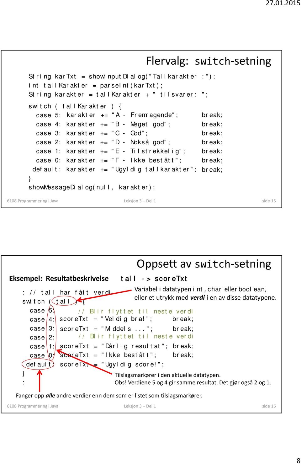 - Ikke bestått"; default: karakter += "Ugyldig tallkarakter"; showmessagedialog(null, karakter); 6108 Programmering i Java Leksjon 3 Del 1 side 15 Eksempel: Resultatbeskriv : // tall har fått verdi