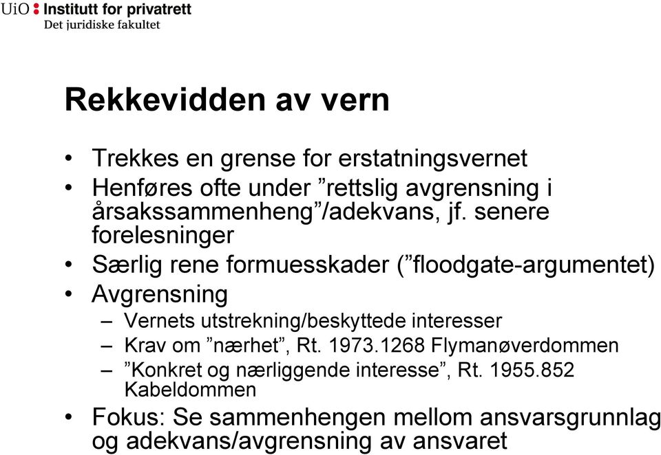 senere forelesninger Særlig rene formuesskader ( floodgate-argumentet) Avgrensning Vernets