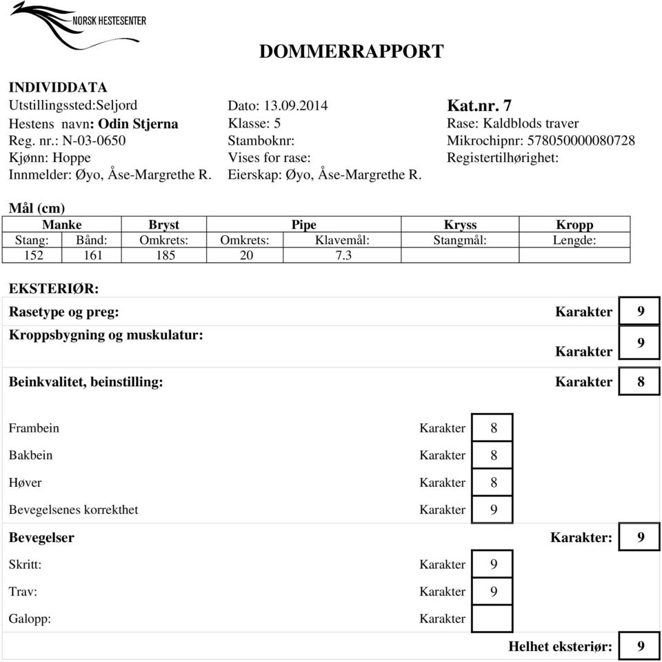 Eierskap: Øyo, Åse-Margrethe R. Mål (cm) Manke Bryst Pipe Kryss Kropp Stang: Bånd: Omkrets: Omkrets: Klavemål: Stangmål: Lengde: 152 161 185 20 7.