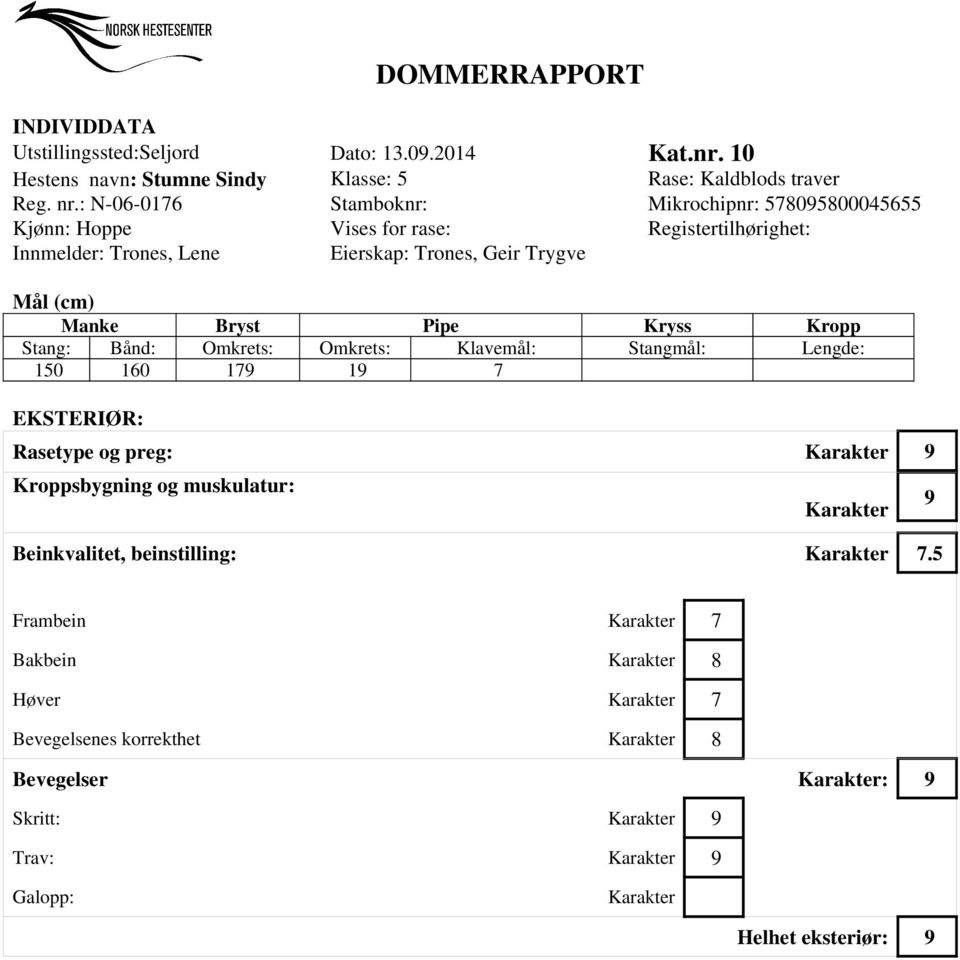 Mål (cm) Manke Bryst Pipe Kryss Kropp Stang: Bånd: Omkrets: Omkrets: Klavemål: Stangmål: Lengde: 150 160 179 19 7 EKSTERIØR: Rasetype og preg: 9