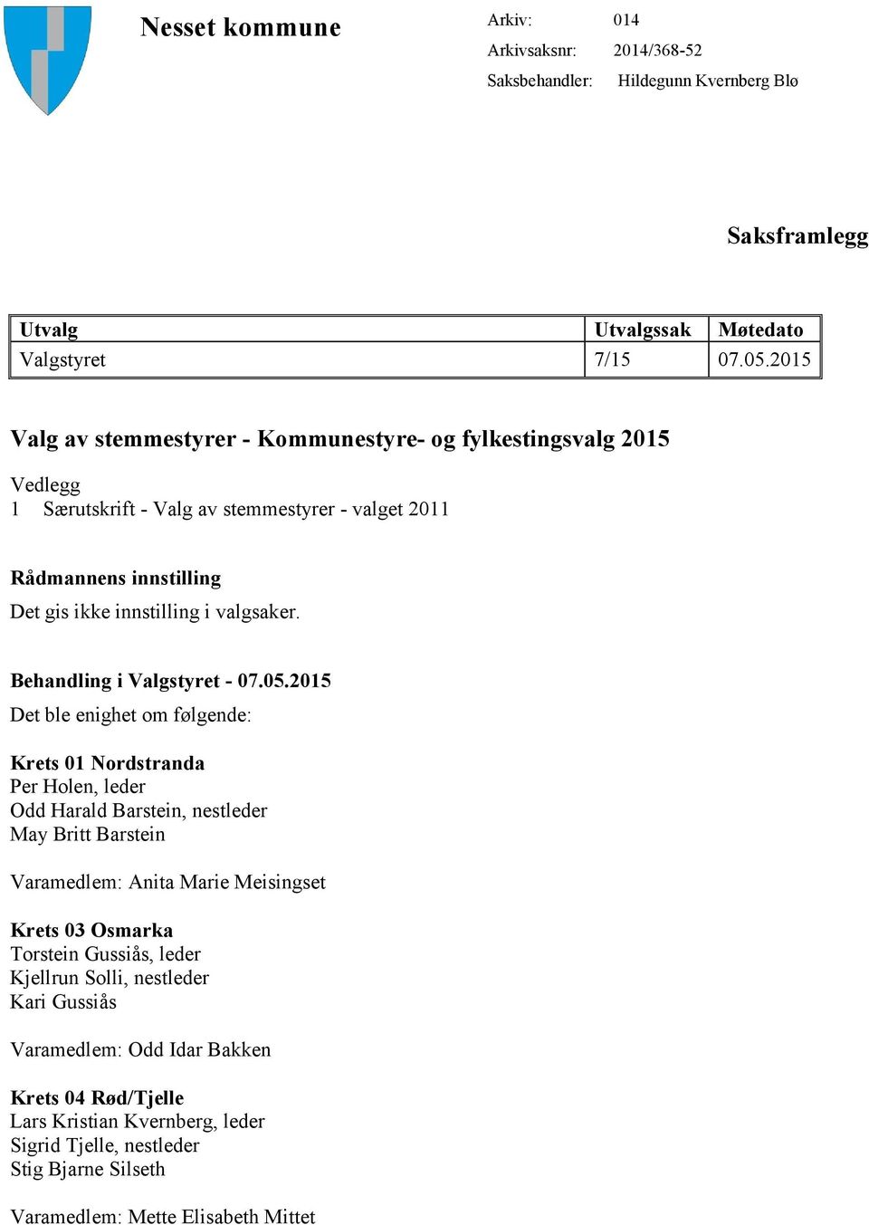 Behandling i Valgstyret - 07.05.