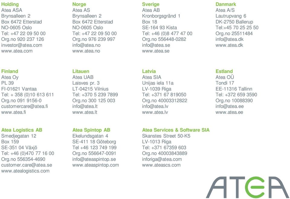 no 556448-0282 info@atea.se www.atea.se Danmark Atea A/S Lautrupvang 6 DK-2750 Ballerup Tel:+45 70 25 25 50 Org.no 25511484 info@atea.dk www.atea.dk Finland Atea Oy PL 39 FI-01621 Vantaa Tel: + 358 (0)10 613 611 Org.