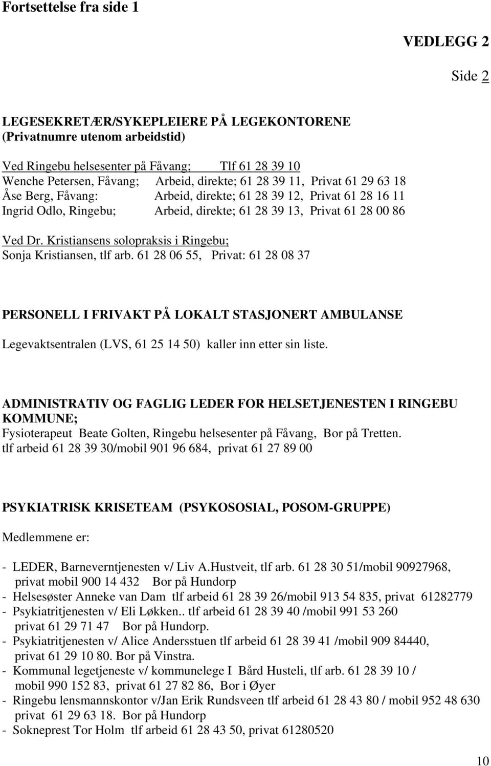 Kristiansens solopraksis i Ringebu; Sonja Kristiansen, tlf arb.