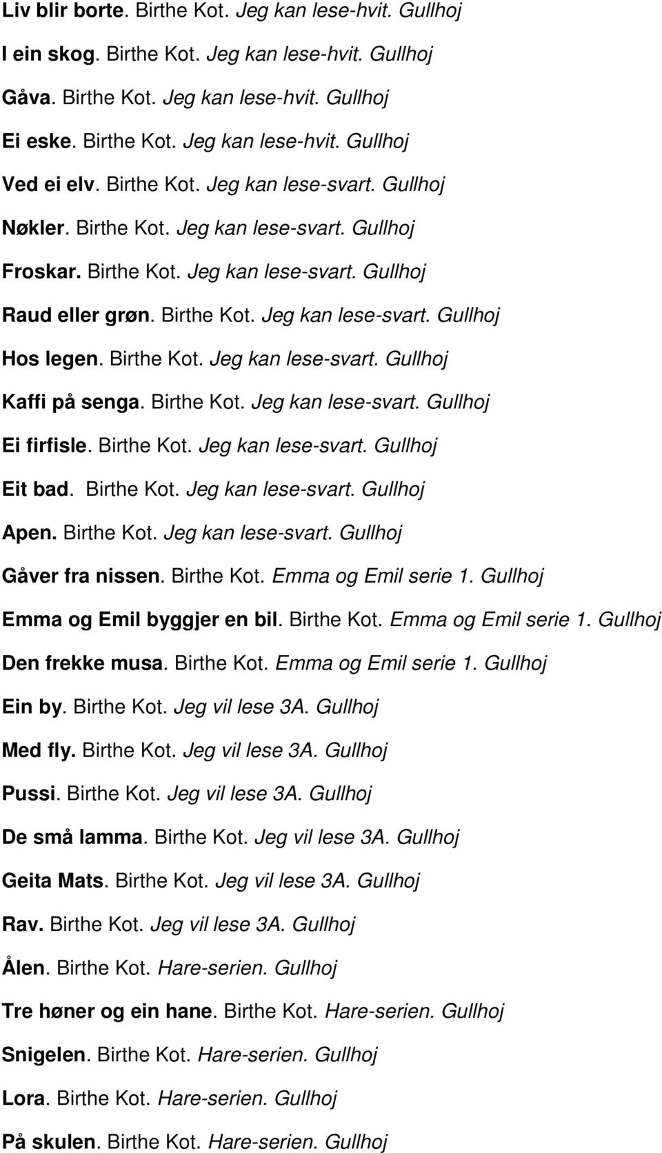 Birthe Kot. Jeg kan lese-svart. Gullhoj Kaffi på senga. Birthe Kot. Jeg kan lese-svart. Gullhoj Ei firfisle. Birthe Kot. Jeg kan lese-svart. Gullhoj Eit bad. Birthe Kot. Jeg kan lese-svart. Gullhoj Apen.