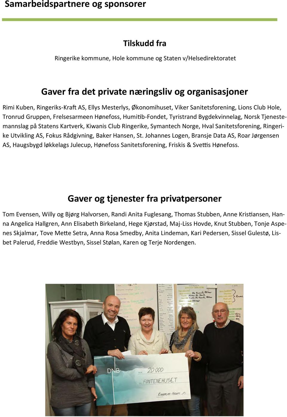 Kiwanis Club Ringerike, Symantech Norge, Hval Sanitetsforening, Ringerike Utvikling AS, Fokus Rådgivning, Baker Hansen, St.