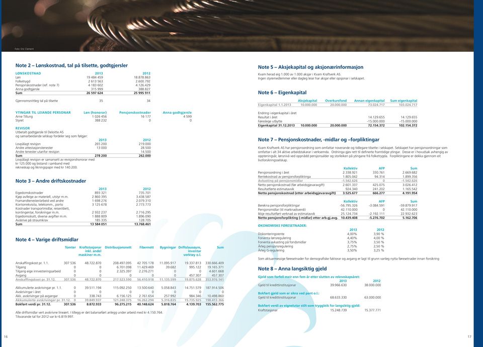 827 Sum 26 597 624 25 995 911 Gjennomsnittleg tal på tilsette 35 34 YTINGAR TIL LEIANDE PERSONAR Løn (honorar) Pensjonskostnader Anna godtgjersle Arne Tillung 1 026 456 16 177 4 599 Styret 388 232 0